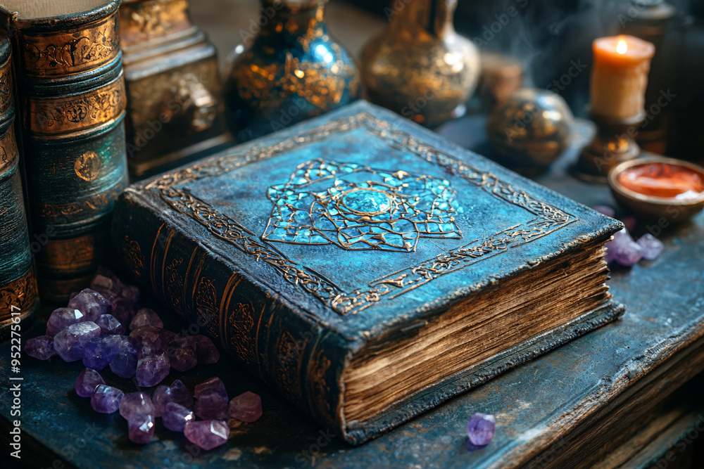 Obraz premium A spooky Halloween-themed spell book with potions and crystals, perfect for holiday decorations and magical-themed events.