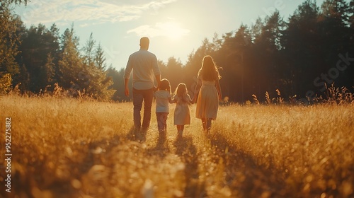 Portrait of an affectionate family holding hands and walking on a meadow near forest in nature on sunny summer day Parents walking in nature with daughters and spending sunny day in na : Generative AI photo