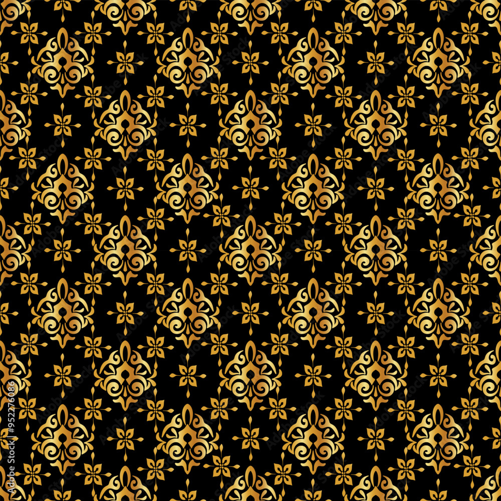 Luxury Damask Gold seamless pattern on black background Luxury Damask Gold seamless pattern on black background