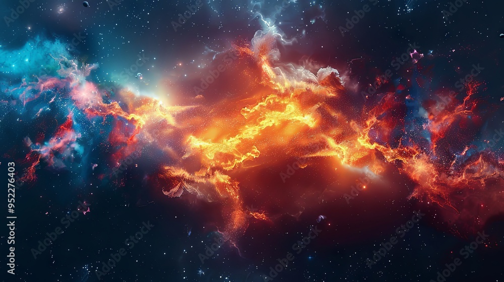 A vibrant explosion set against a somber space theme A vibrant explosion set against a somber space theme