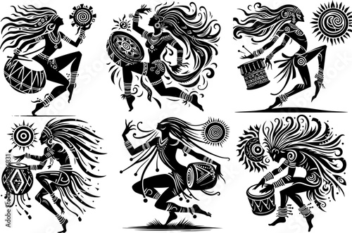 a black and white drawing of a woman with long hair and a black and white background.