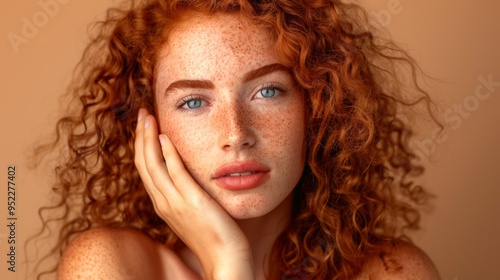 A stunning portrait of a young woman with curly red hair. She has beautiful freckles and soulful blue eyes. This image showcases beauty and natural charm. Perfect for fashion and beauty themes. AI photo