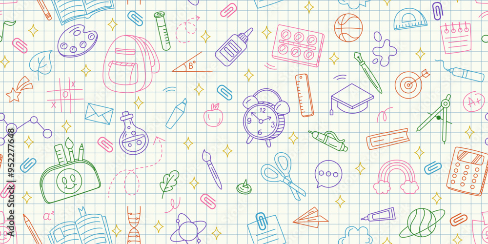 School background. Education seamless pattern. Color line icons. Stationery element. Kids studying supply. Teachers book. Students classroom. Pencil bag. Math calculation. Vector tidy drawing texture School background. Education seamless pattern. Color line icons. Stationery element. Kids studying supply. Teachers book. Students classroom. Pencil bag. Math calculation. Vector tidy drawing texture