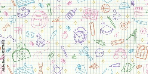 School background. Education seamless pattern. Color line icons. Stationery element. Kids studying supply. Teachers book. Students classroom. Pencil bag. Math calculation. Vector tidy drawing texture