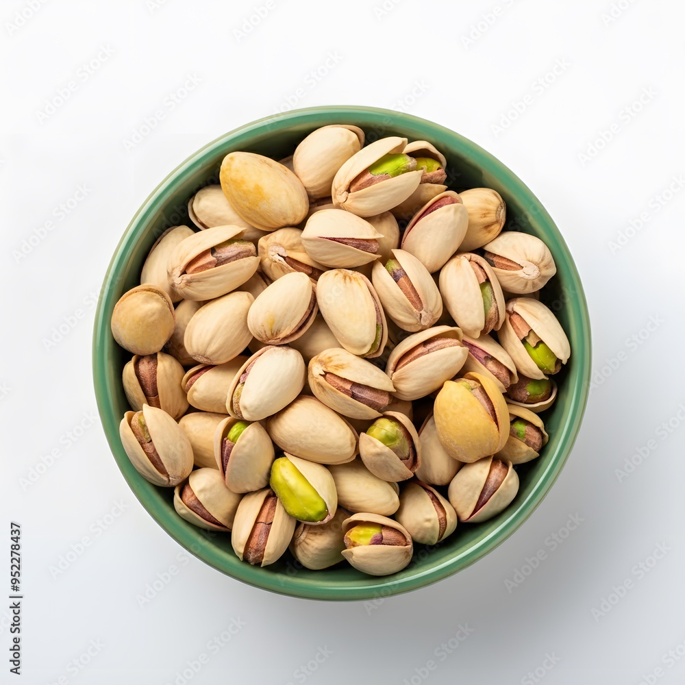 Top View of Pistachios in Bowl on White Background Top View of Pistachios in Bowl on White Background