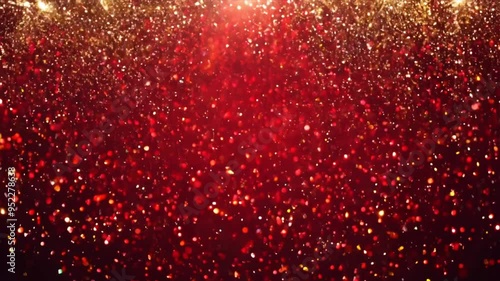 Festive Red Background with Falling Glitter Particles and Confetti in a Magical Light Display