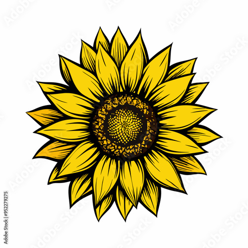 Yellow sunflower. Wildflower sun shaped view from above, sunny blossom with black seeds and petals (21)