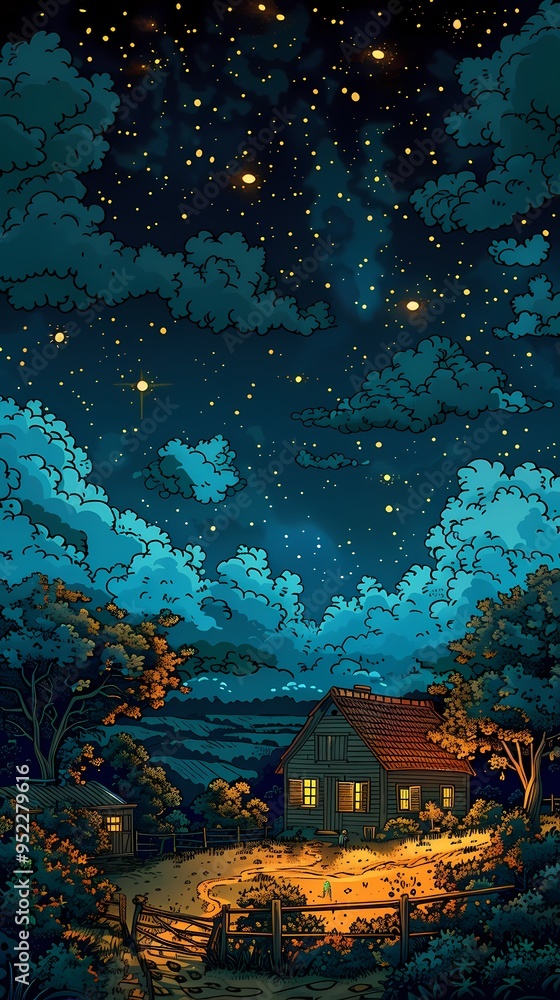 Obraz premium Night on the farm illustration poster background
