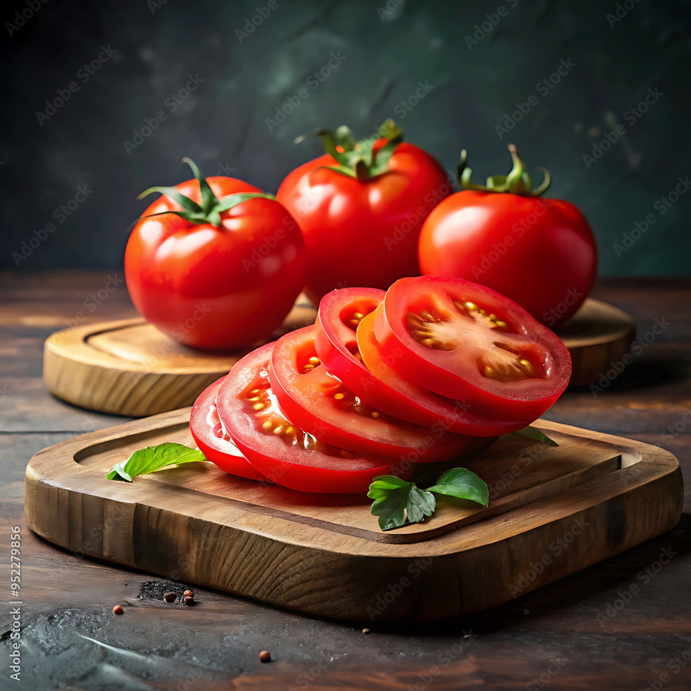 Bottom view red tomatoes slices on wood board on dark table Bottom view red tomatoes slices on wood board on dark table
