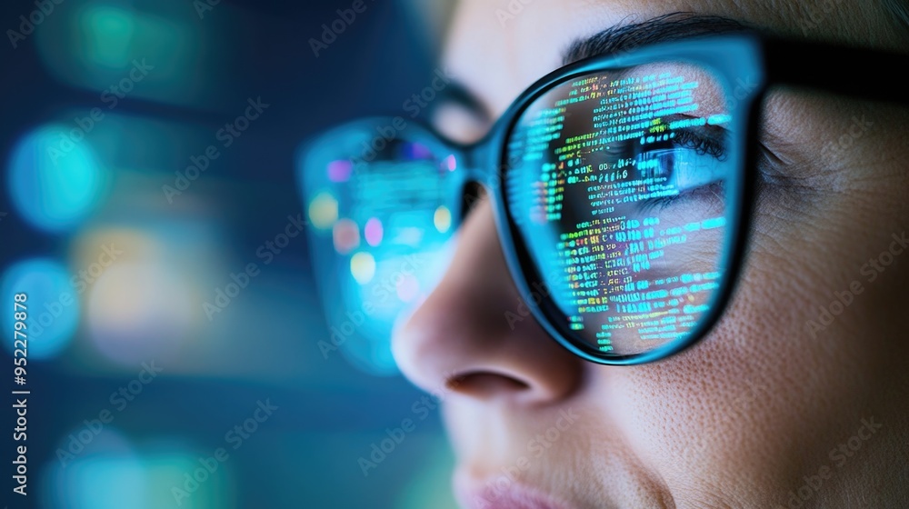 Woman in glasses looks intently at a digital screen with data and code reflecting in the glasses Woman in glasses looks intently at a digital screen with data and code reflecting in the glasses