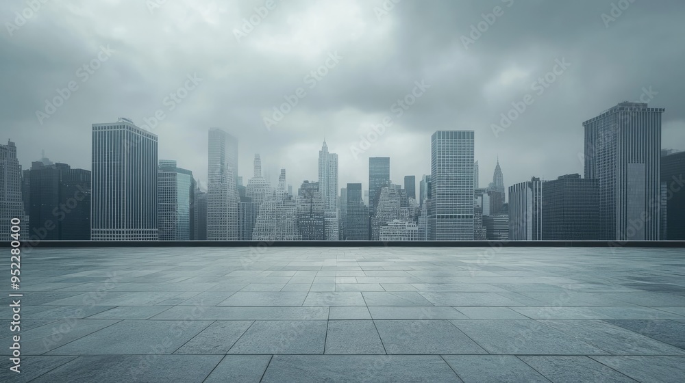City skyline with towering buildings under a cloudy sky, contrasted by a vacant marble foreground, evoking a sense of stillness. City skyline with towering buildings under a cloudy sky, contrasted by a vacant marble foreground, evoking a sense of stillness.