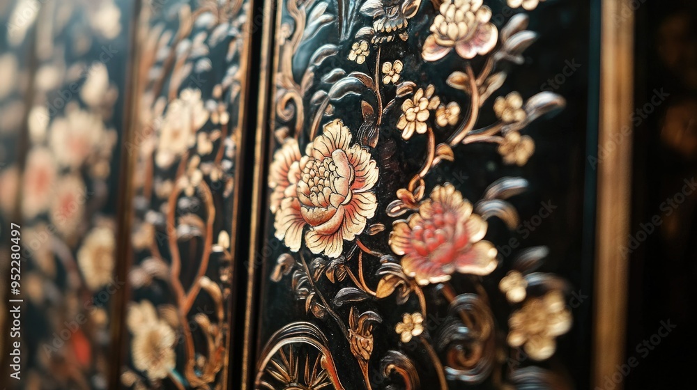 A close-up of a Chinese folding screen with intricate lacquer designs. No people, copy space. A close-up of a Chinese folding screen with intricate lacquer designs. No people, copy space.