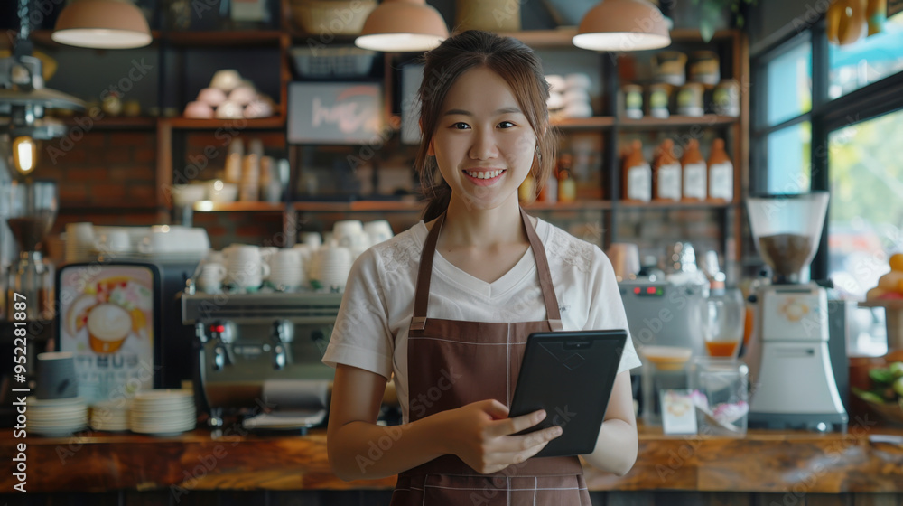 Startup successful small business owner sme beauty girl stand with tablet smartphone in coffee shop restaurant Startup successful small business owner sme beauty girl stand with tablet smartphone in coffee shop restaurant