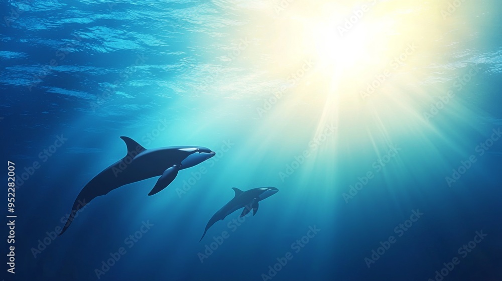 Two dolphins swim gracefully beneath sunlit waters, showcasing the beauty of marine life in a serene underwater environment. Two dolphins swim gracefully beneath sunlit waters, showcasing the beauty of marine life in a serene underwater environment.