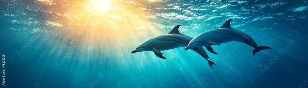 Two dolphins swim gracefully in clear blue water, illuminated by warm sunlight, showcasing the beauty of marine life. Two dolphins swim gracefully in clear blue water, illuminated by warm sunlight, showcasing the beauty of marine life.