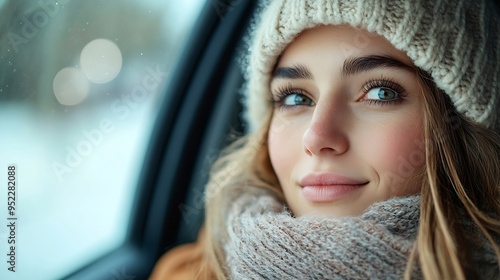 Woman in warm clothes looking out of car window : Generative AI