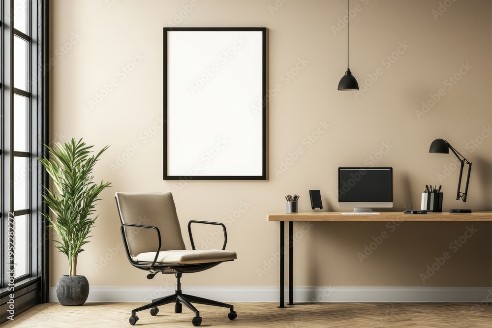 A modern office space with a chair, desk, and plant, designed for productivity. A modern office space with a chair, desk, and plant, designed for productivity.