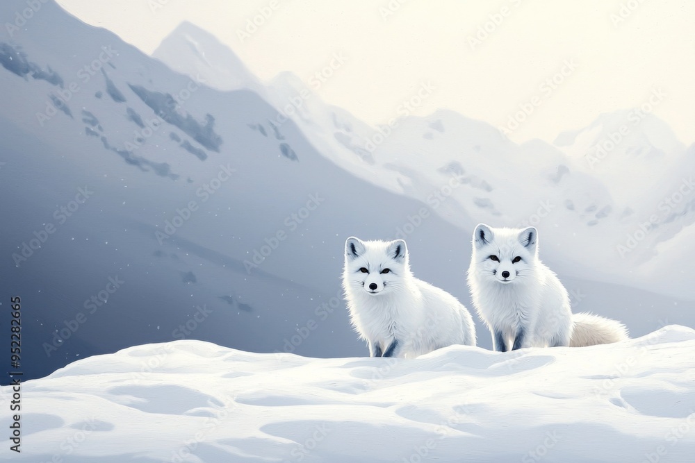 Two majestic arctic foxes in a snowy landscape, surrounded by serene mountains, showcasing the beauty of winter wildlife. Two majestic arctic foxes in a snowy landscape, surrounded by serene mountains, showcasing the beauty of winter wildlife.
