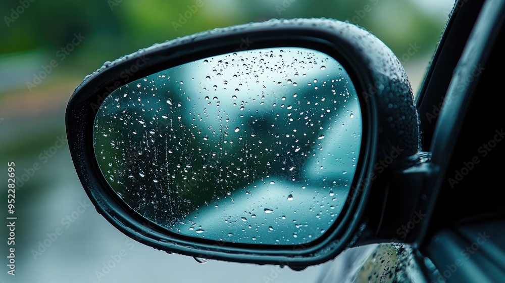 Close-up of raindrops on a car's side mirror, blurring the view and highlighting reduced visibility during heavy rain. Close-up of raindrops on a car's side mirror, blurring the view and highlighting reduced visibility during heavy rain.
