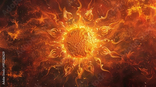 A detailed flaming mandala with concentric circles of fire and intricate patterns that evoke the essence of a blazing sun