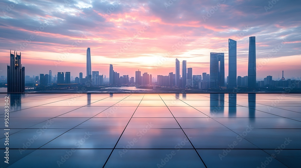 Empty square floors and city skyline with modern buildings at sunset : Generative AI Empty square floors and city skyline with modern buildings at sunset : Generative AI