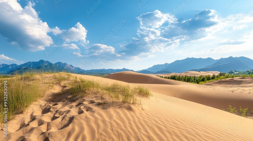 A panoramic view of a Chinese desert landscape with sand dunes. No people, copy space. A panoramic view of a Chinese desert landscape with sand dunes. No people, copy space.