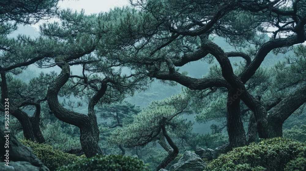 A panoramic view of a Chinese forest with tall, ancient trees. No people, copy space. A panoramic view of a Chinese forest with tall, ancient trees. No people, copy space.