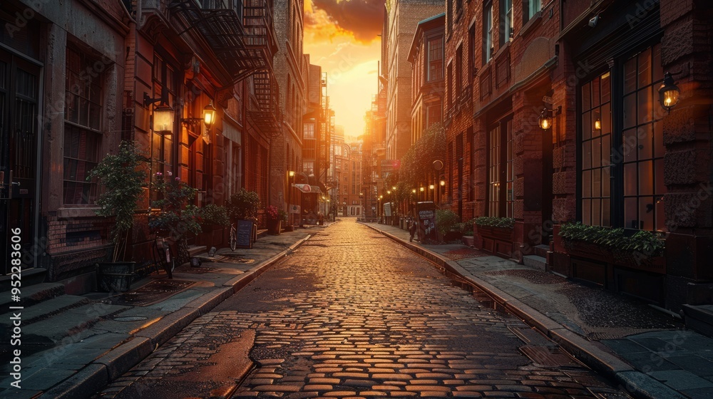 Fototapeta premium A vintage 1700s laneway with tall Noir style buildings and the warm glow of the sunset creating striking contrasts