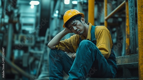 Engineer industry unemployed Feeling stress tired and headache asian man sitting depressed on stair at site worker male crisis in factory fired unemployment from economy lost job joble : Generative AI