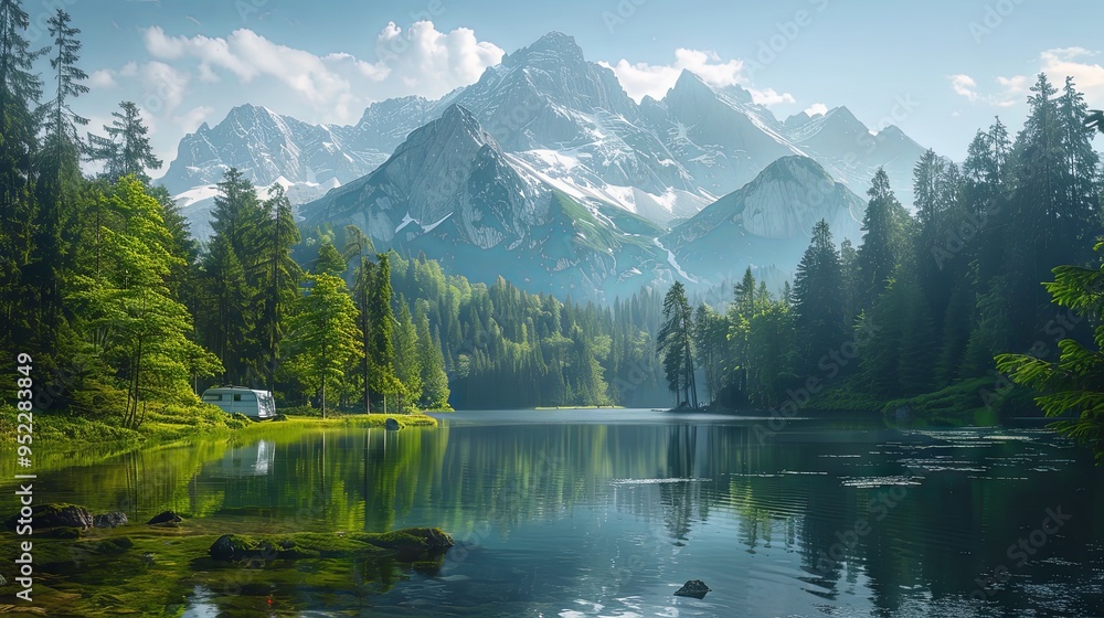 An image of a mountain in a forest appears in a magazine An image of a mountain in a forest appears in a magazine