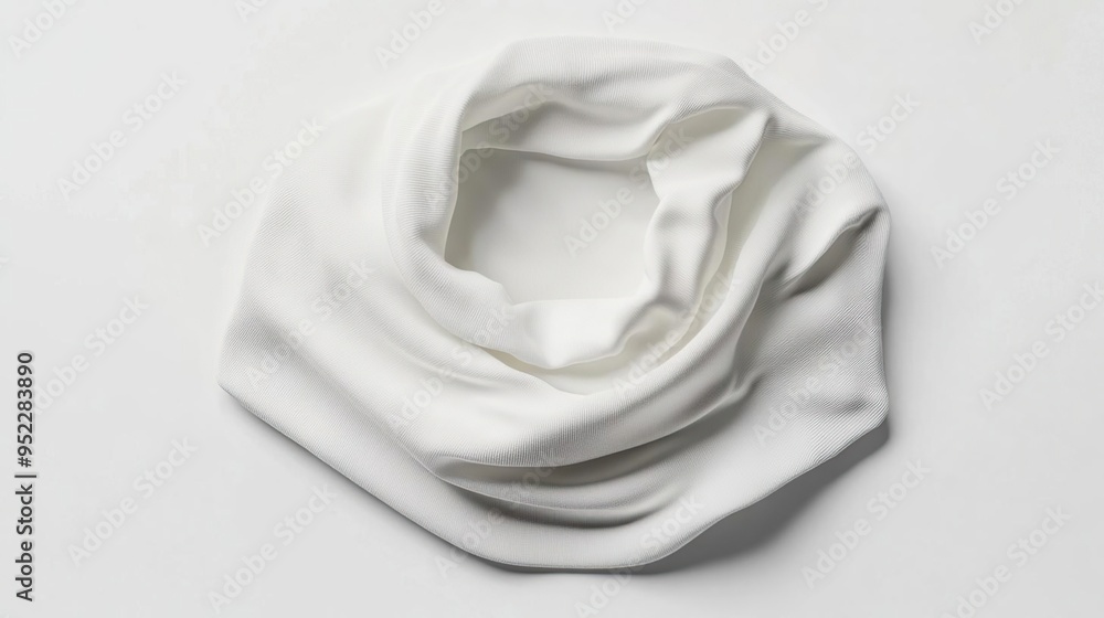 A soft, white infinity scarf elegantly arranged on a light background. A soft, white infinity scarf elegantly arranged on a light background.