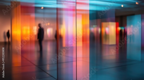 Abstract blurred modern gallery space with colorful lighting and silhouette of people