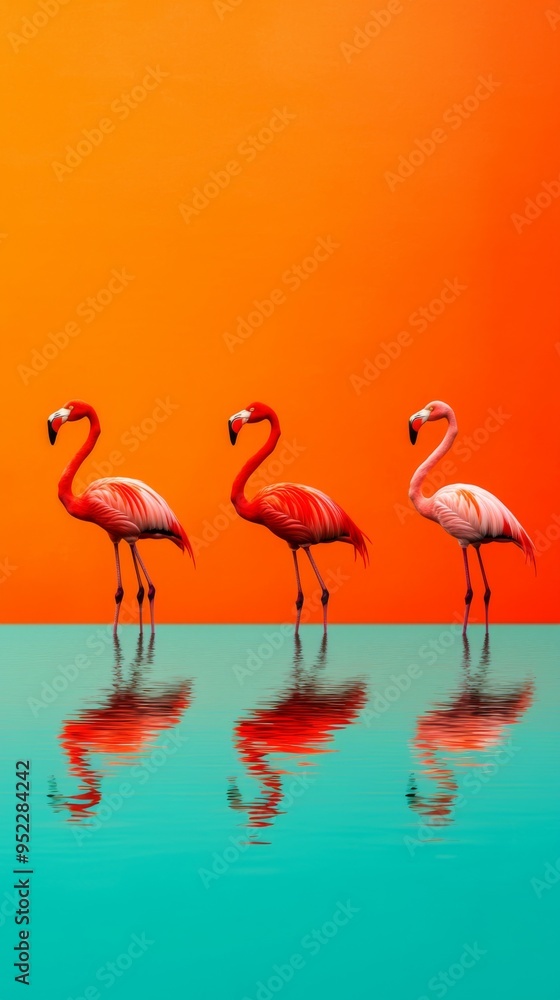 Obraz premium Vibrant scene featuring three flamingos reflected in water against a stunning orange and teal background.