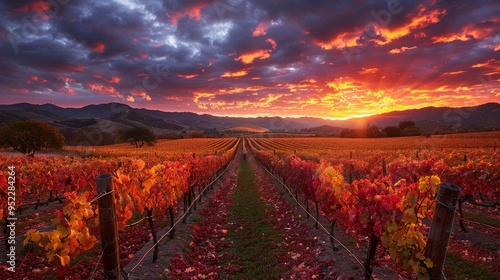 Autumn vineyards under a bright sunset look like a perfect place to relax