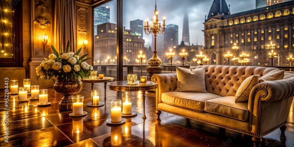 Fototapeta premium Sophisticated elegance converges with timeless refinement in a Melbourne-inspired setting, where intricate carvings and plush velvets meet subtle gold accents and soft candlelight.