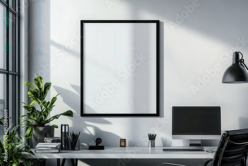 Wallpaper Mural A modern workspace featuring a blank frame, computer, and plants, designed for productivity. Torontodigital.ca