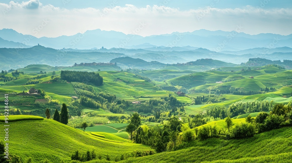 A panoramic view of the Chinese countryside with rolling hills and farmlands. No people, copy space. A panoramic view of the Chinese countryside with rolling hills and farmlands. No people, copy space.