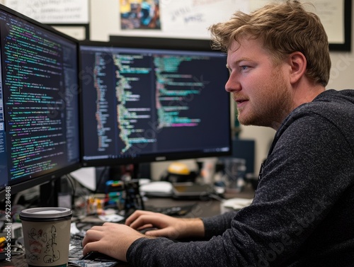 A man programmer is sitting at a desk with two computer monitors in front of him