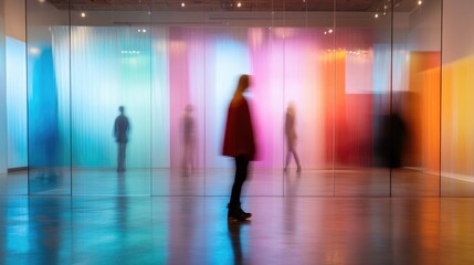 Abstract blurred modern gallery space with colorful lighting and silhouette of people