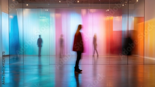 Wallpaper Mural Abstract blurred modern gallery space with colorful lighting and silhouette of people Torontodigital.ca