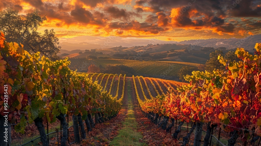 Naklejka premium The rows of the autumn vineyard glow with rich shades of red and gold, bathed in the warm, golden light of a spectacular sunset that paints the sky in vibrant hues