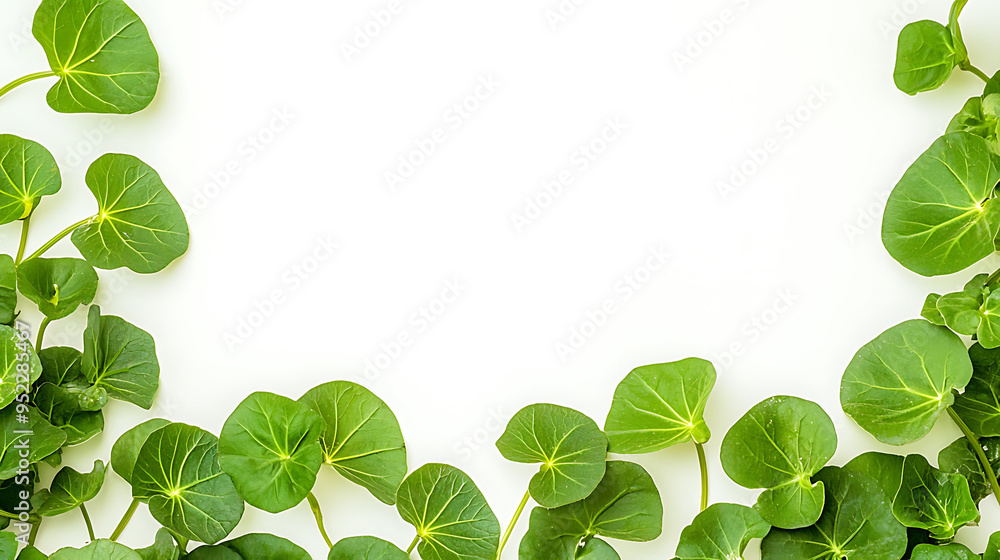 Kitchen scene featuring Watercress Nasturtium officinale with writing space for a recipe on a minimalistic white background Kitchen scene featuring Watercress Nasturtium officinale with writing space for a recipe on a minimalistic white background