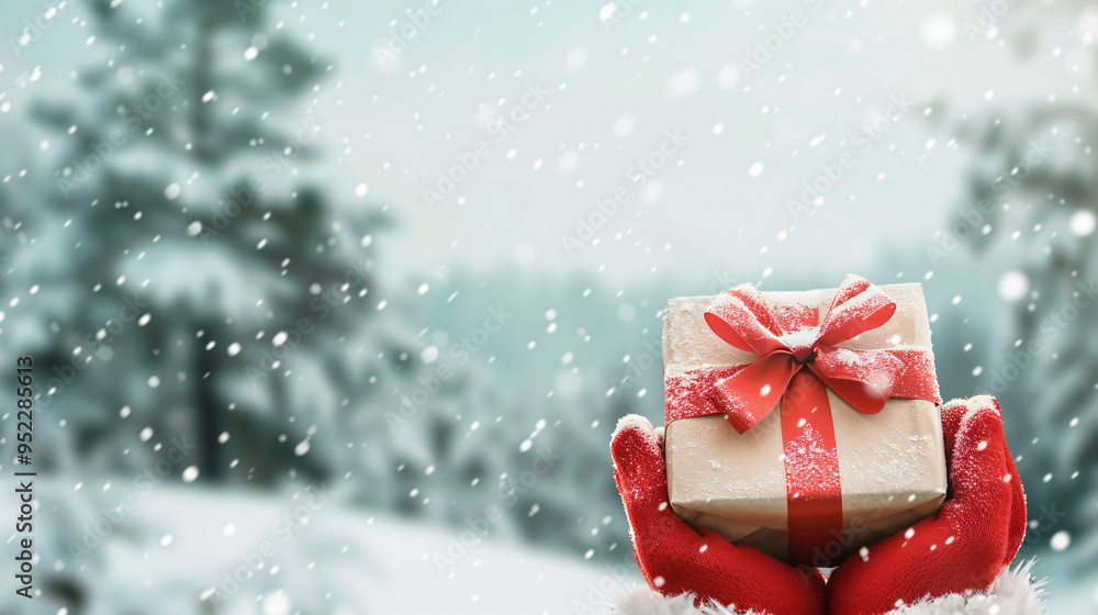 Woman with red gloves holding a snowy christmas present in a wintry forest background Woman with red gloves holding a snowy christmas present in a wintry forest background