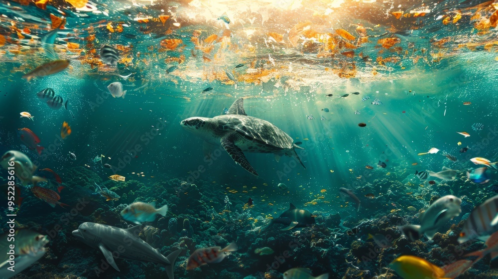 Fototapeta premium Under the ocean waters, there is garbage that poisons marine life and causes extinction. Saving the planet is our common task