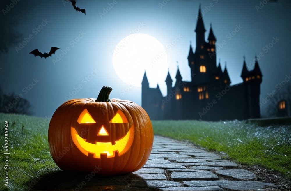 A Halloween pumpkin with the outline of an ominous castle in the background against the backdrop of a full moon and bats. Night A Halloween pumpkin with the outline of an ominous castle in the background against the backdrop of a full moon and bats. Night
