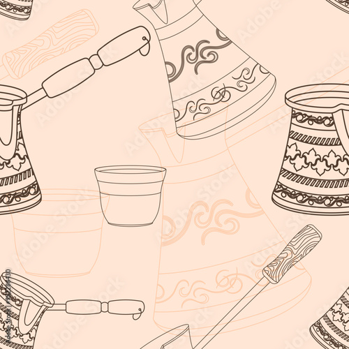 Editable Outline Style Turkish Coffee Vector Illustration as Seamless Pattern for Creating Background of Cafe or Coffee Industry and Ottoman Turkish Culture Design