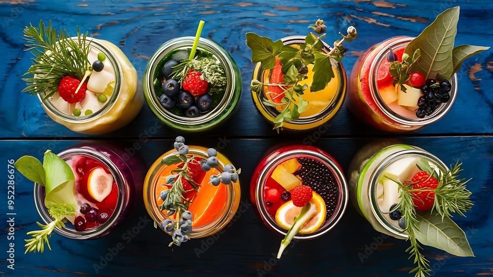 Fototapeta premium Top view of detox drinks in jars with fruits, vegetables, herbs, berries and greenery near fruit ingredients on wooden blue surface