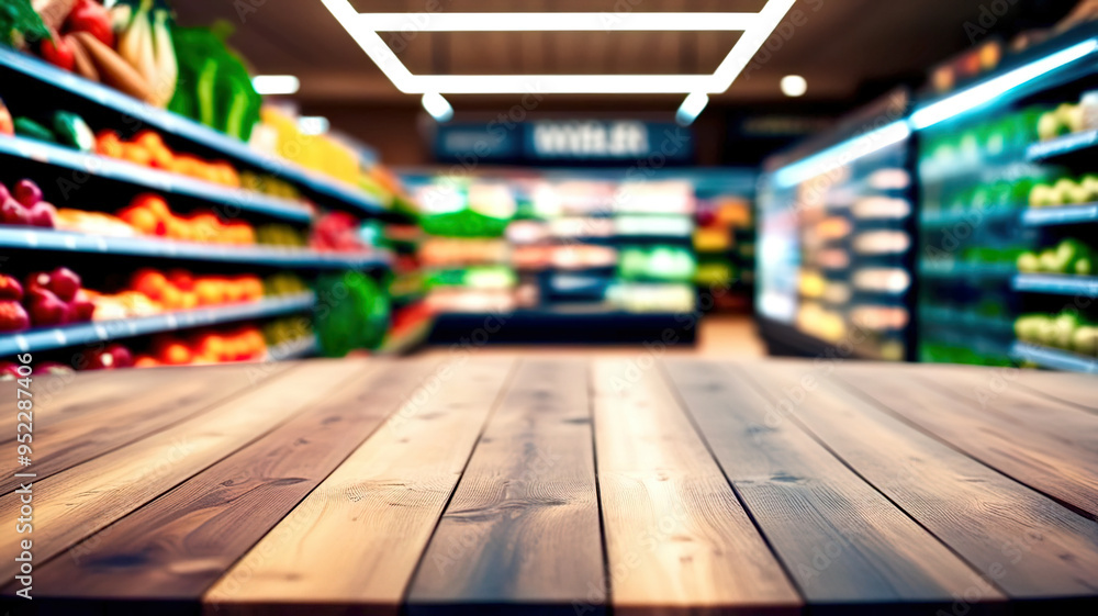 Wooden table mockup on the background of grocery store shelves Wooden table mockup on the background of grocery store shelves
