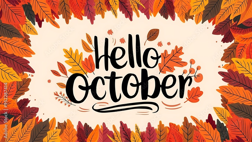 Hello october lettering with leaves frame background Hello october lettering with leaves frame background