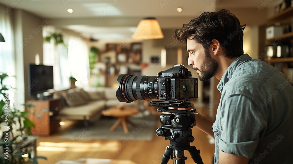 Male professional photographer shooting indoors in the living room home photography for real estate selling houses and apartments including interior design : Generative AI Male professional photographer shooting indoors in the living room home photography for real estate selling houses and apartments including interior design : Generative AI